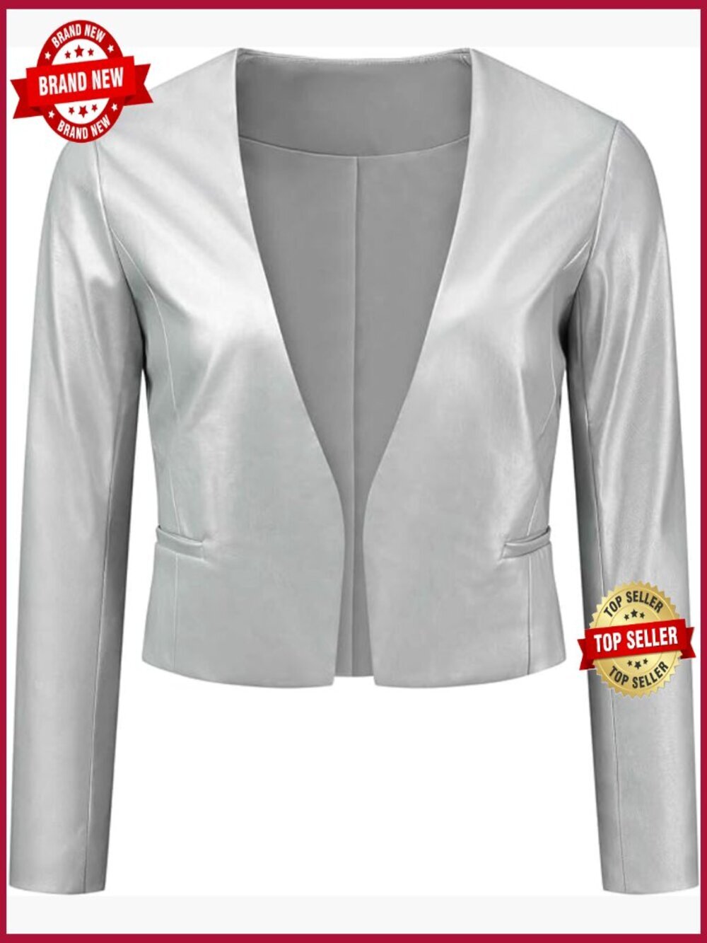 Women's Faux Leather Crop Moto Jacket Collarless Open Front